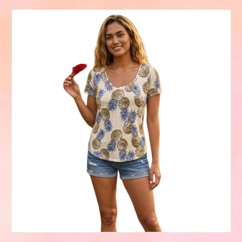 Lucky Brand Pineapple Print Scoop Neck Short Sleeve Tee Shirt Size S Tropical